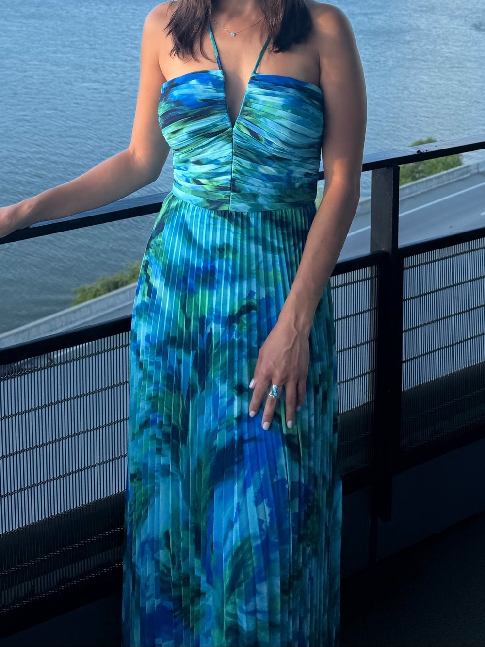 AQUA Watercolor Pleated Maxi Dress